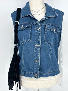 Vintage Denim Vest Blue Sleeveless Jacket Y2K Soft Girl Layering XL